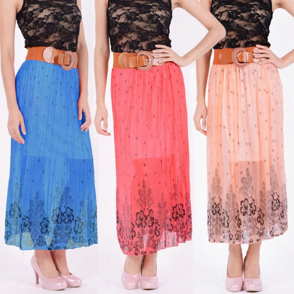 New Women Double Layer Chiffon Peated Retro Long Maxid Ress Elastic Waist Skirt