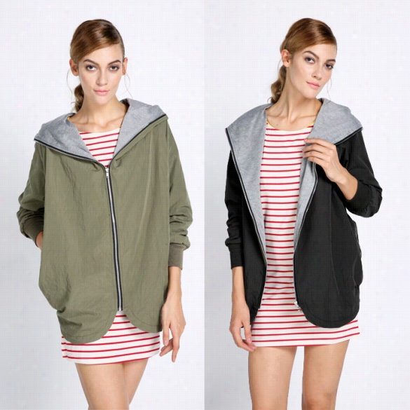 New Women Hooded Pockets Jacket Zippper Blazer Disengaged Sweater Korean B5ut