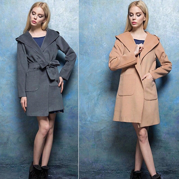 New Women Rope Slim Hooded Wool Long Cardigan Coat Jacket In~ Wrap Ovrcoat With Belt Outwear