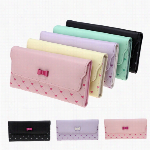 New Women Synthetic Leather Plaid Boww Button Closure Money Card Slot Casual Long Wallet Purse