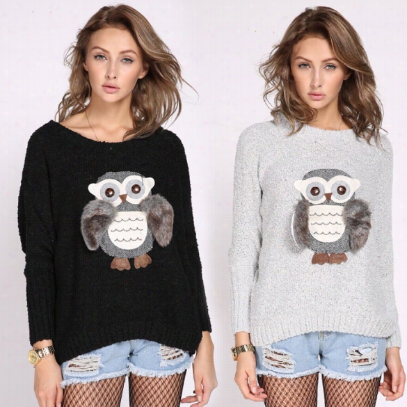 New Women's Baat Sleeve Owl Pttern Loose Sweaetr Casual Knit Wear Jumper