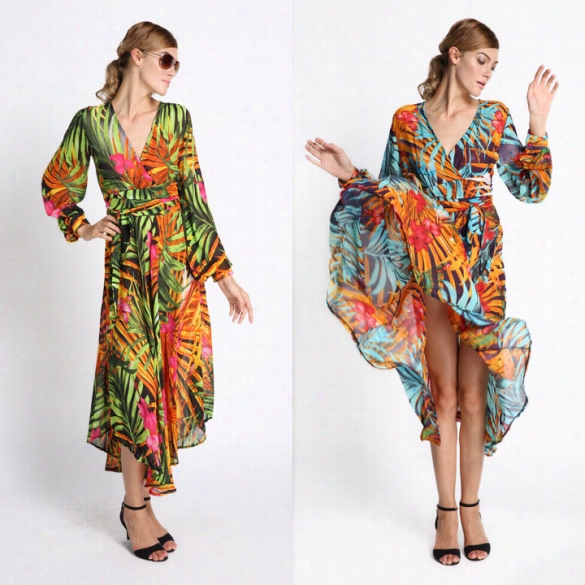 New Womens Elegant Tropical Fllower Printing Long Sleeve Beach Street Maxi Dress