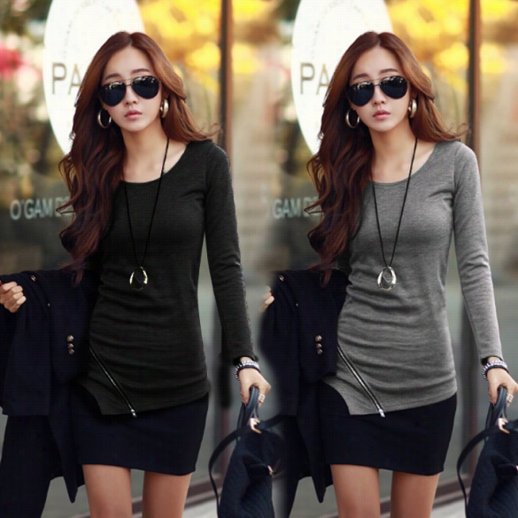 New Women's Fashion Long Sleeve O- Neck Bodycon Irregular Hem Zipper T-shirt