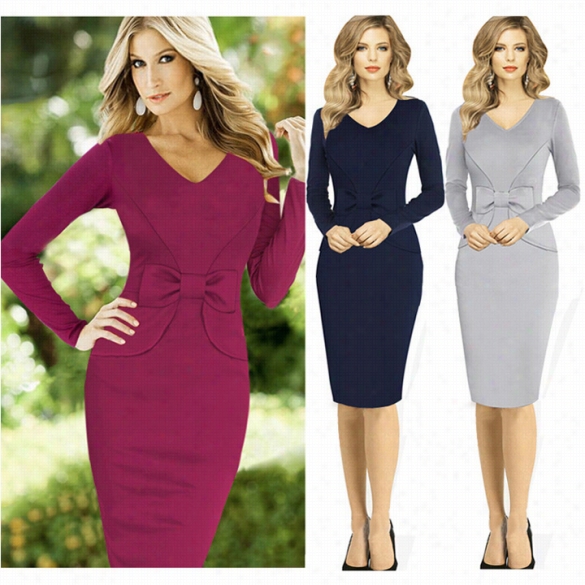 New Women's Fashion Long Sleeve Sexy V-neck Slim Iftting Bowwknot Cocktail Party Pencil Dress