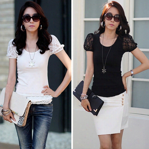 New Women's Fashion Short Sleeve O-neck Sexy Slim Accidental Baic Lace Patchwork T-shirt