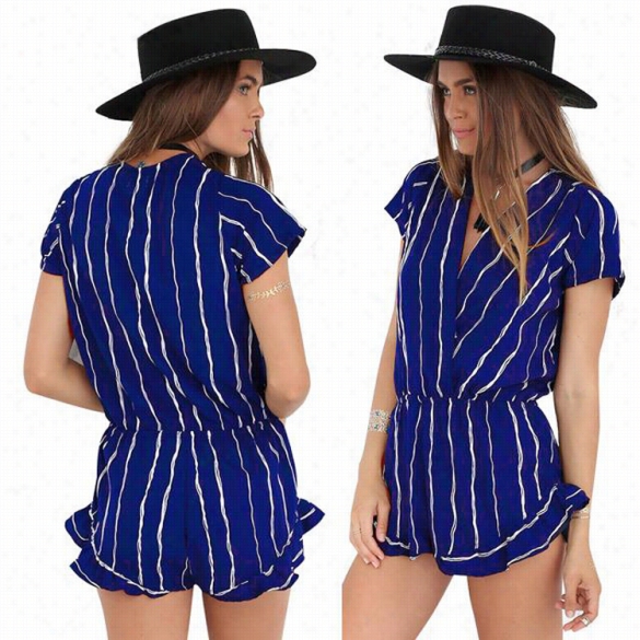 New Women's Fashion Short Sleeve V-neck Sexy Chiffon Casual Mini Strioed Jummpsuit