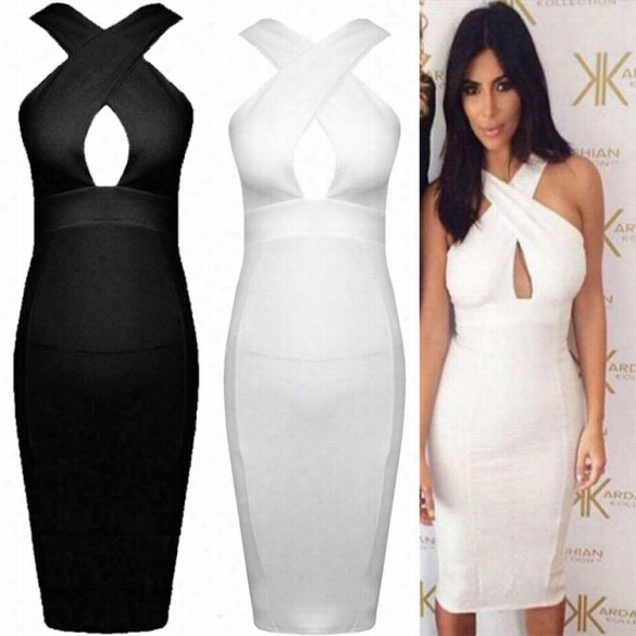 Unaccustomed Womne's Fashion Sleeveless Cross Neck Off Shoulder Sexy  Slim Bodycon Dress