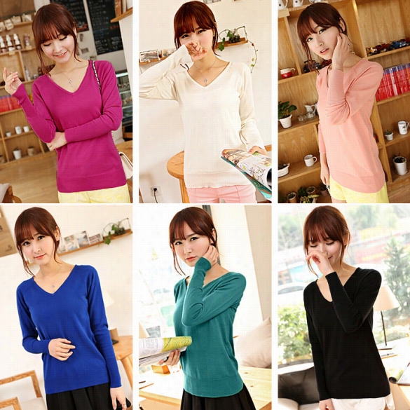 New Wom En's Fashion Solid Color Pulloevr Long Sleeve V-neck Knit T-shirt