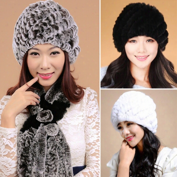 New Women's Fauxrex Rabbit Fur Beanie Hqt Elastic Caps Winter Arm Headwear 5 Colors