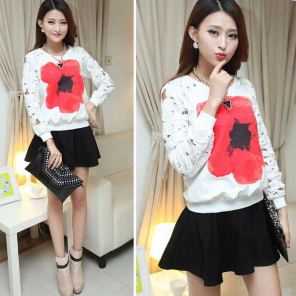 New Omen's Flower Pattern Hollow Out Sleeve T-shirt O-neck Blouse Tops White