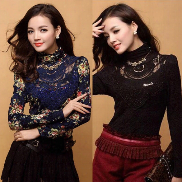 New Women' Stylish Long Sleeve Esxy Lace Turtleneck Slim Fiitting Warm Thickening Basi C Shirt Tops