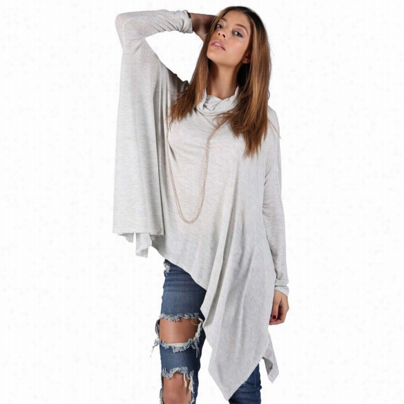 Plus Size Stylish Women  Loose Casual Irre Guar Hem Roll Neck Top Blouse