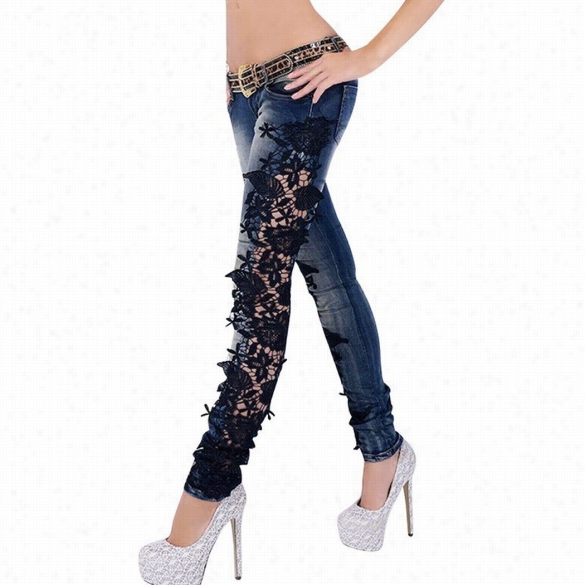 Sexy Fashion Women La Ce Crochet Hollow Slim Fit Skinny Deni Mjeans Casual Trousers