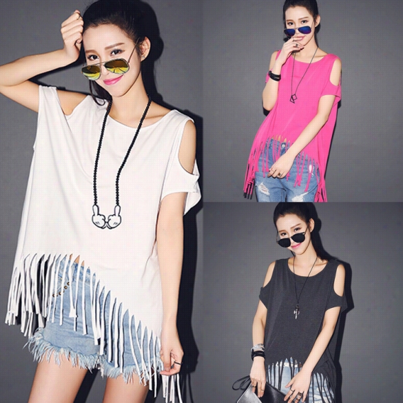 Sexy Ladies Women Print Off Shoulder Long Fringe Heem Loose Casual T-shurt Blouse