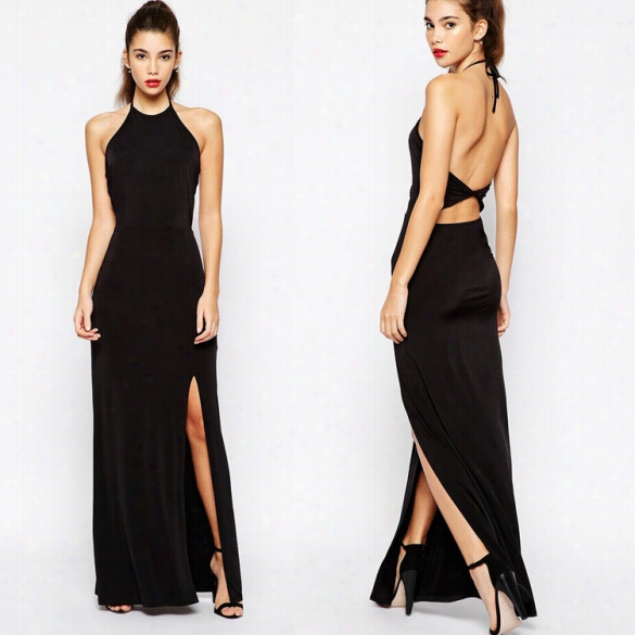 Sexy Women Halter Sleeveless Cross Back Solid Slim Casual Long Dress