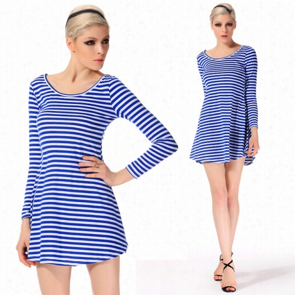 Sexy Women Long Sleeve O-neck Backless Dress Casual Stripe Slim A-ile Mini Dress