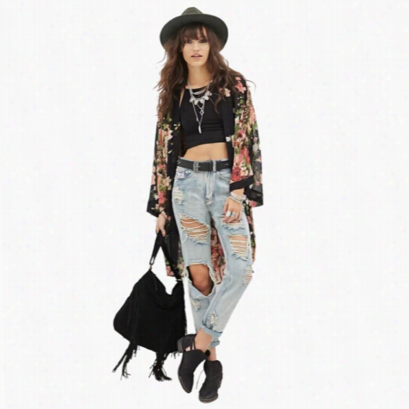 Stylish Ladies Casual Long Bat Sleeve Loose Print Long Chiffon Cardiigan Blouse