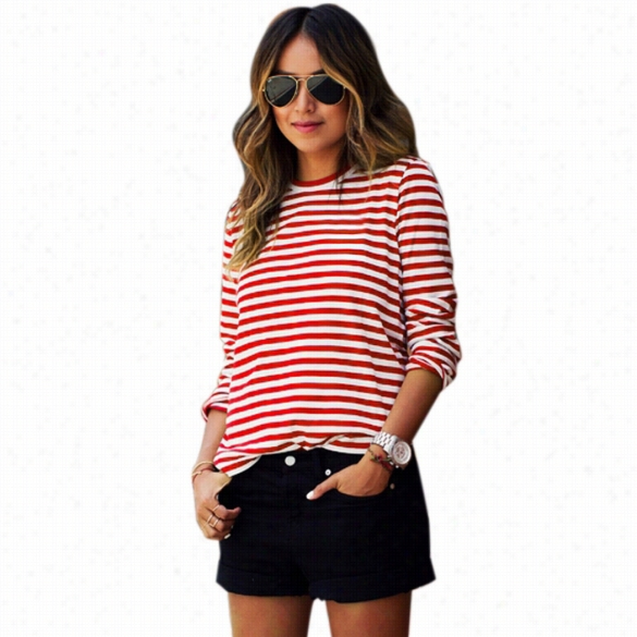 Stylish Ladies Women Cas Ual Striped O-neck Long Sleeve Ullover Top Blouse