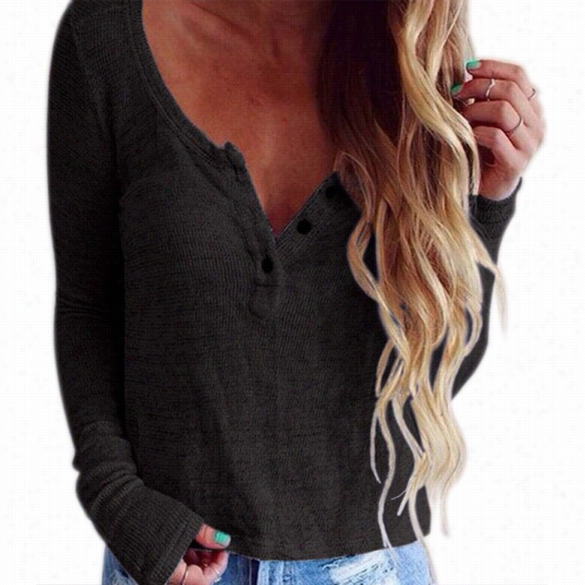 Stylish Laiez Women Casual V Neck Button Long Sleeve Slim Kniting Top Sweater