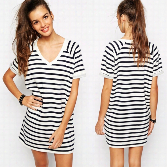 Stylish Ladies Women Casual V-neck Short Sleeve Black And White Stroke  Dress