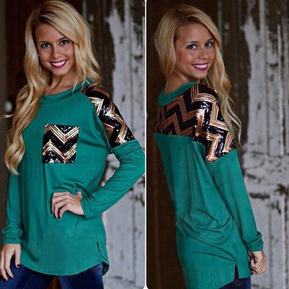 Stylish Ladies Women Lady Long Sleeve Sequin Patchwork Casual Top Blouse