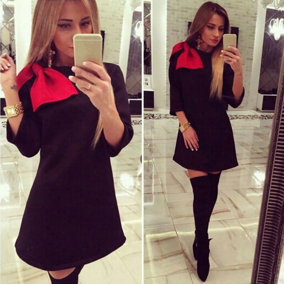 Stylish Ladies Women Lady  Oneck 3&uot;4 Sleeve Knee Length Solid Bow Pleated Casual Dress