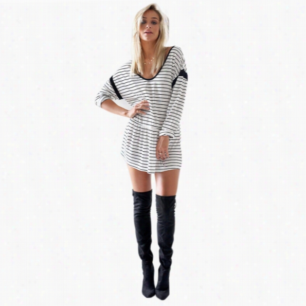 Stylish Ladis Wome O-neck Long Sleeve Stripe Print Casual Mini Dresss