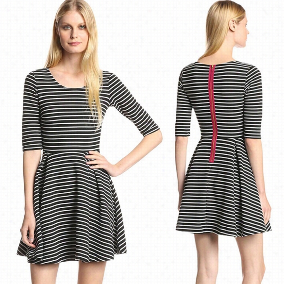 Sty Lish Ladies Women O-neck Medium Sleeve Stripe A-line Casual Mini Dress