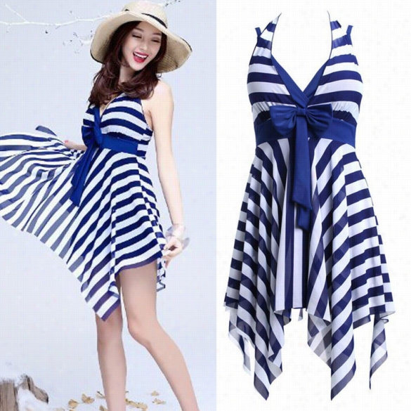 Stylish Ladies Women Sexy Deep V Neck Halter Backleess Striped Irregular Hem Casual Beach Mini Dress