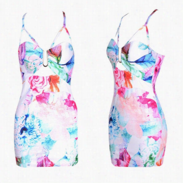 Stylish Ladies Wommen Sexy V Neck Halter Backless Print Slim Hip Package Acsual Mini Dress