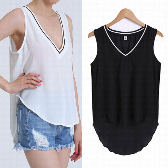 Stylish Laadies Women V Neck Irregular He Mpatchwork Casual Chiffon Tank Top Blouse