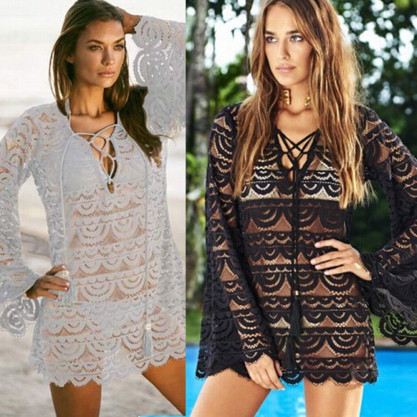 Stylish Lady Sexy Women's Beach Swim Bikini Cover-up Long Sleewe Lace Hollow Out Dress