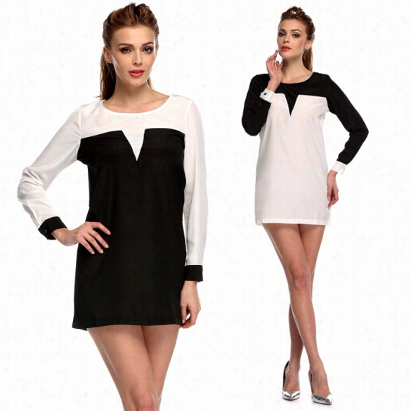 Styilsh Lady Sexy Women's Casual Long Sleeve O-neck Patchwork Mini  Dress