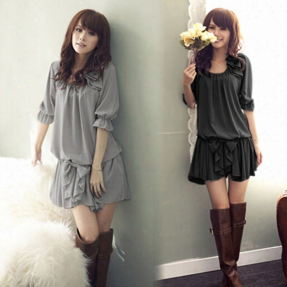 Stylish Lady Women O-neckm Edium Puf F Sleeve Ekastic Waist Casual Loose Chiffon Aboev Knee Dress