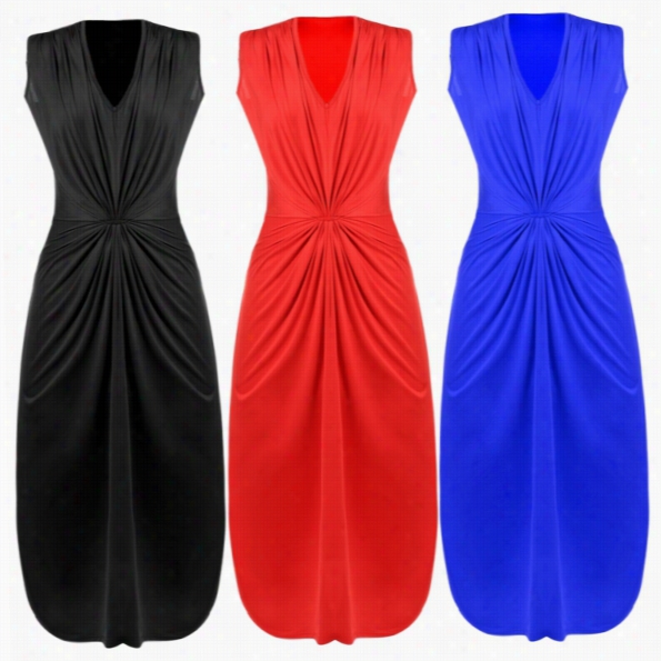 Stylish Lady Women Sexy V-neck  Leeveless Stretch Bodycon Draped Package Hip Party Dress