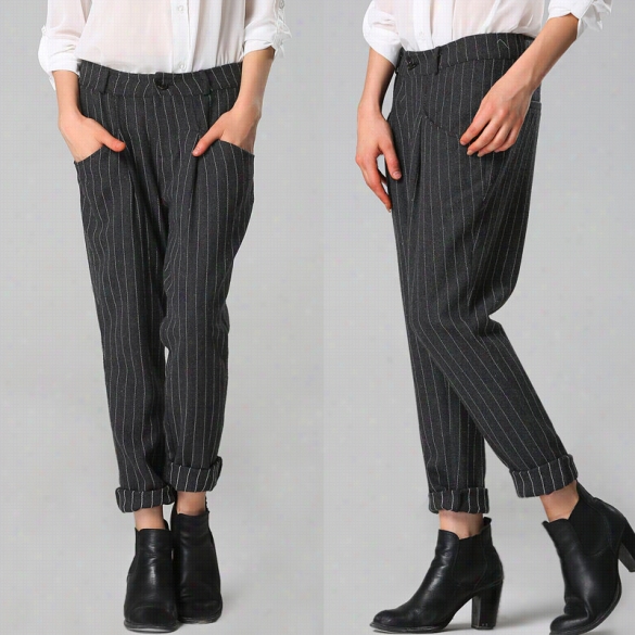 Stylish Lady Women Steiped Full Length Pants S Lim  Casual Ol Trousers Gray-haired