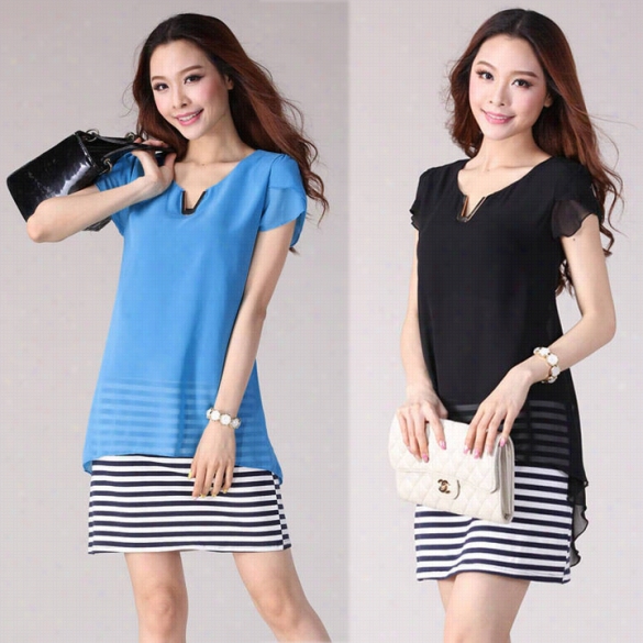 Stylish Lady Women&#039;s Shot Sleeve V-neck Casual Chiffon Stried Mini Dress