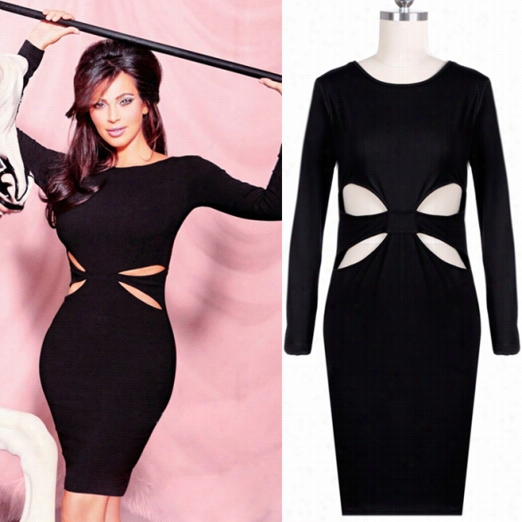 Stylish Lady Women's Black Long Sleeve O-neck Sexy Bodycon Holllow Stretch Party Dress