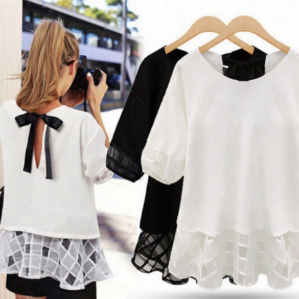 Stylish Lady Wome's Casual Short Sleeve O-neck Chiffon Loose-fitting Blouse Shirt Tops