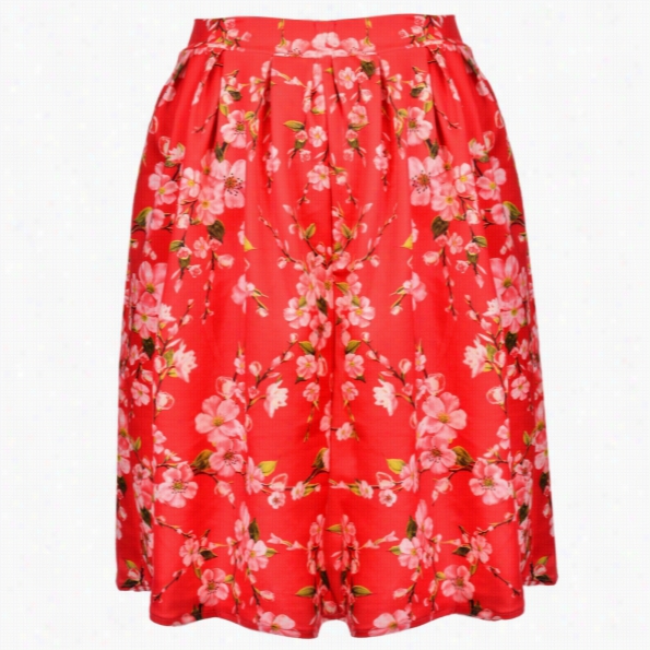 Stylish Lady Women's Fashion Casual Floral P Rint Knee-length Pleated Skirt