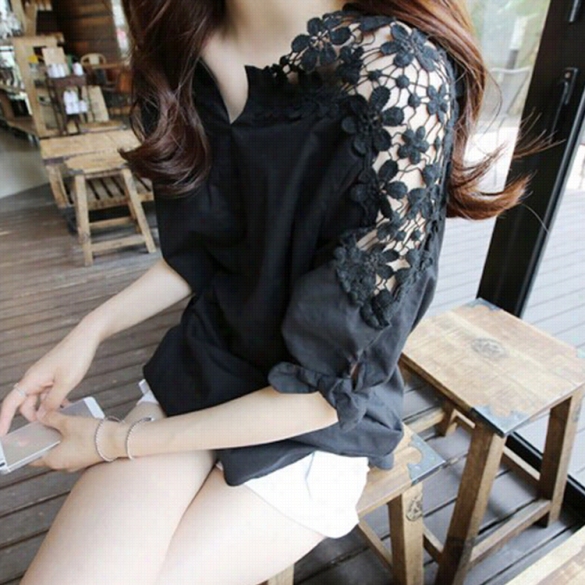 Stylish Lady Woemn's Fashion Casual Medium Sleeve V-ndck Loose-fitting Lcae Patchwork Shirt Blouse Tops