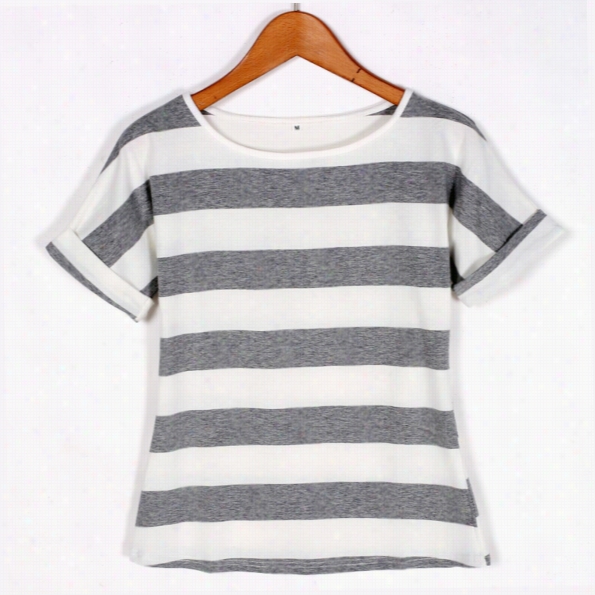 Stylish Lady Women' S Fashion Casual Short Sleeve Gray-haired And White Stripe Roll-up Cuff T-shirt