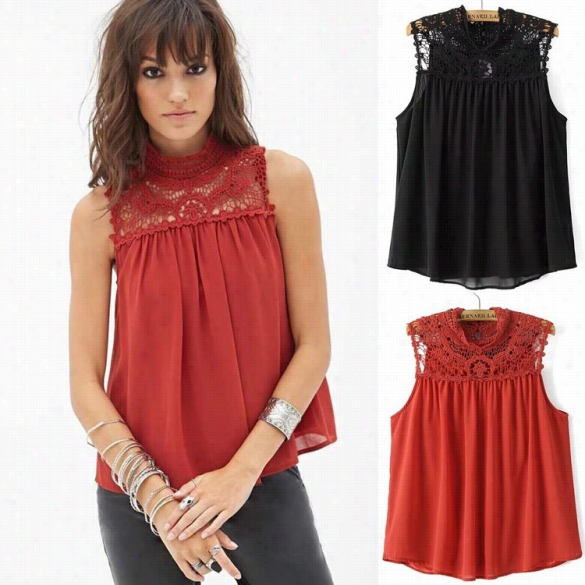 Stylish Lady Women's Fashion Sleeveless Crochet Patchwork Chiffon Vest Casual Loose Tank Tops