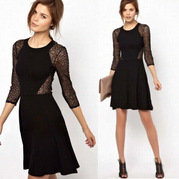 Stylish Lady Women's Hollow Uot Persepctive Lace Sleeve Elegante La5tic Dress