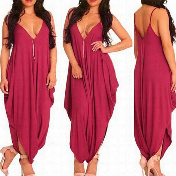 Stylish Lady Women's Wine Red Loose Sleeveless Strappy Jumpsuit Party Casu Al Jujpsuit Roomper