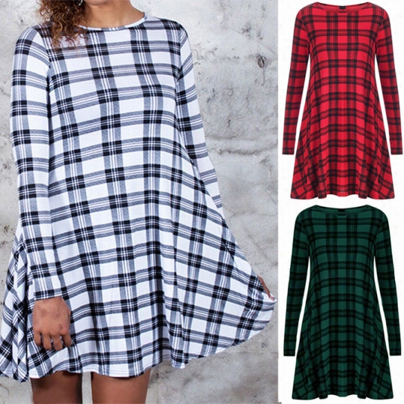 Stylish New Fashion Lady Women's Crossover Plaid O-neck Longg Sleeve Dress