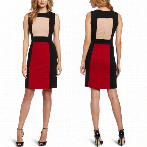 Stylish Unaccustomed Fashion Lady Women's  Slim Stitching Color Sleeveless On-eck Pencil Dress