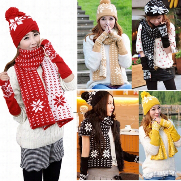 Stylish New Fashion Snowflake Purpose Scarf Hat Hta Women Ffemale Glove + Hat +scarf 3pcs"set