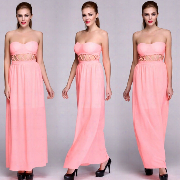 Stylish Sexy Lady's Pink Strapless Eveening  Party Beach Long Full Dress