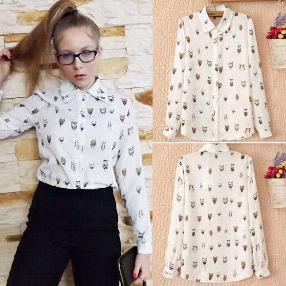 Stylish Woman Girls Turn-dwon Collar Print Long Sleeve Chiffon Blouse Tos Shirt